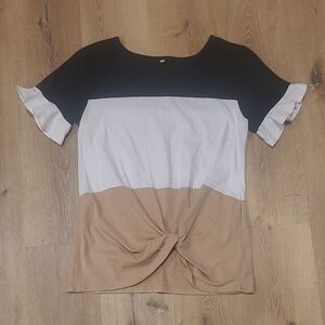 Colorblock Knot Front Short Sleeve Top - Black White Tan
